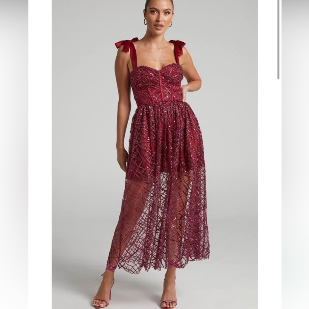 Showpo Rimea midi dress - tie shoulder bustier bodice glitter tulle dress berry